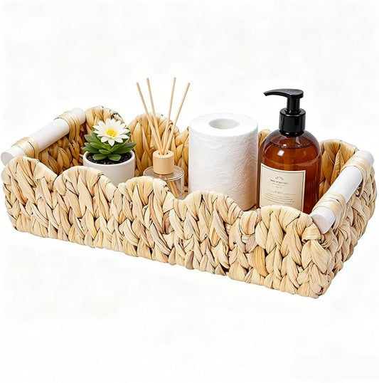 Decorative Toilet Paper Storage Basket, Modern Farmhouse Home Decor Scalloped Basket for Organizing, Pantry Baskets for Shelves, Countertop, Living Room, Wood Handles, Natural Water Hyacinth (1Pack