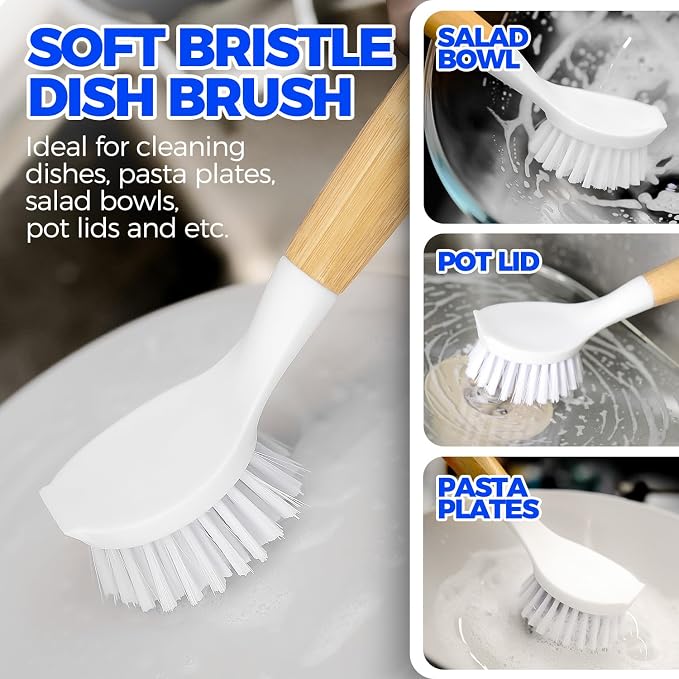 Holikme 3 Pack Dish Brush with Bamboo Handle Cleaning Brush,White Black | Dish Brushes Vegetable Scrubber Round Natural Scrub Brush Cleaning Kit for Cleaning Saucepans, Pots, Pans and Vegetables
