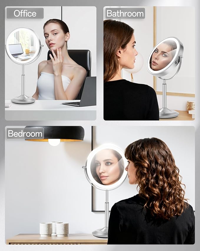 VFD 8'' 30X/1X Magnifying Makeup Mirror with Lights Height Adjustable | Lighted Vanity Mirror with 3 Color Adjustable Brightness, 3000mAh Rechargeable Double Sided Switch for Desk Women Gift