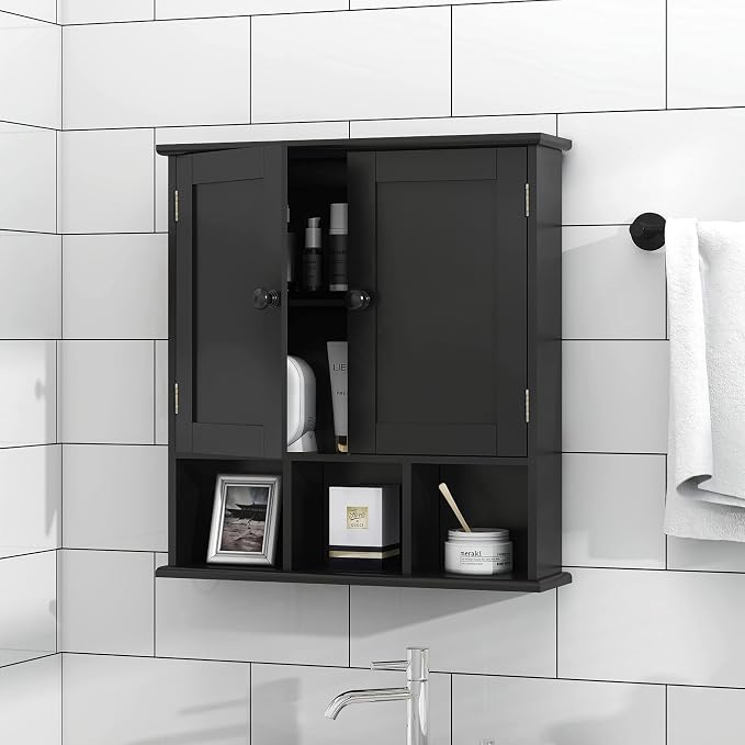 TaoHFE Black Medicine Cabinet Bathroom Over the Toilet Storage Cabinet | Wall Medicine Cabinet Organizer with 2 Door Adjustable Shelves, Wooden Modern Bathroom Shelves Wall Mounted Laundry Room
