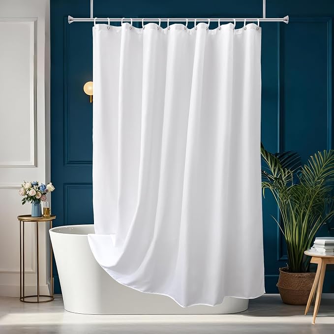 AooHome White Stall Size Bathroom Curtain for Hotel, Fabric Shower Liner with Hooks for Hotel, Water Repellent, 54 Width x 72 Height Inch