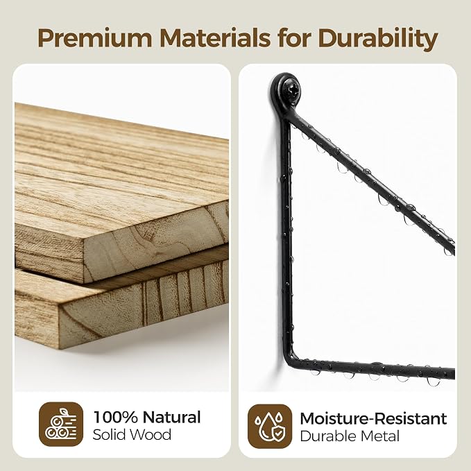 Afuly Rustic Floating Shelves for Wall, Wood Shelf with Brackets, Set of 2 | Solid Wood and Metal, Hanging Bookshelf, Plants Photos Display, for Bathroom, Kitchen, Living Room, Bedroom, Home Decor
