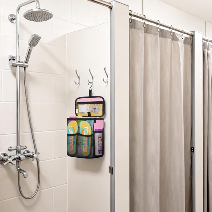 Lifewit Mesh Shower Caddy, Hanging Bathroom Organizer with Slipper pockets | Hanging Hook, Quick Dry, Portable, Toiletry Tote Bag, College Dorm Room Essentials for Beach, Gym, Camping, Travel, Pink