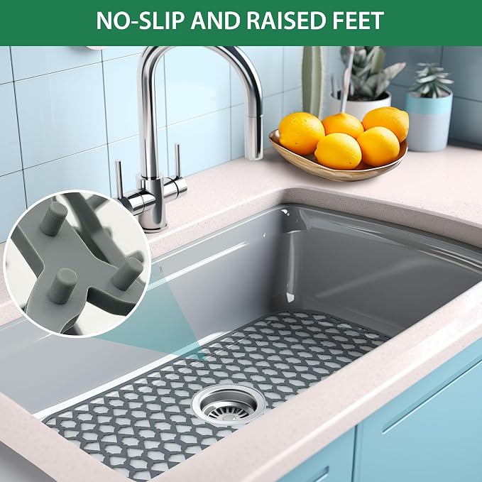 Silicone Sink Protector Mats for Multi-Size Kitchen Sink(30"x14") | Flexible and durable, heat-resistant, machine washable, non-slip, gray grid.