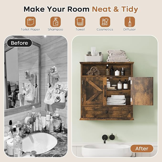 Bathroom Wall Cabinet, Wall Mounted Medicine Cabinet 24.4"H x 23.6"W x 9"D | With Drawer, Barn Doors & Adjustable Shelf, Rustic Brown Over Toilet Farmhouse Cabinet for Kitchen, Laundry Room, Entryway