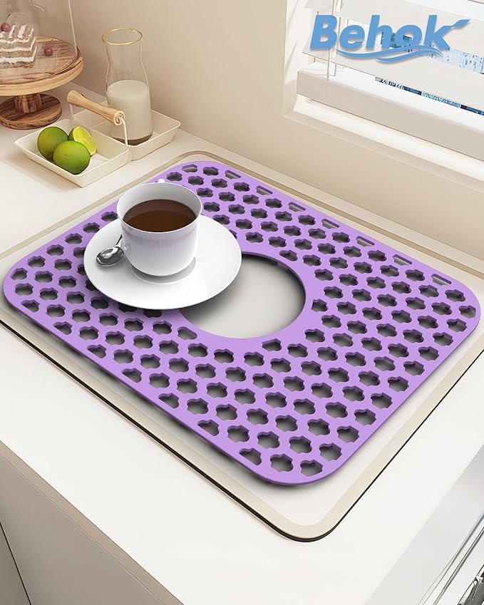 Silicone Sink Protector Kitchen Sink Mat 2 Pack 13.58"x 11.6" Purple | Heat-resistant Non-Slip and Durable Silicone Protectors Mat, Center Drain