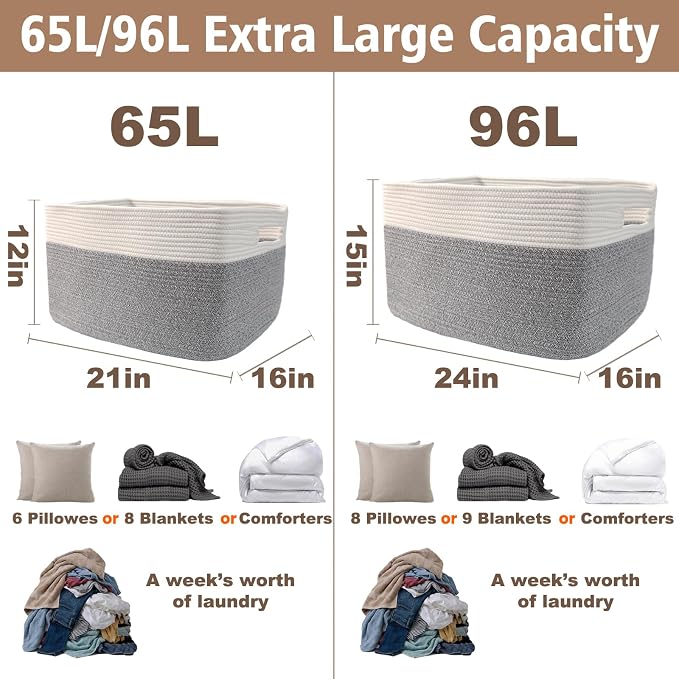 JMvicyroam 65L Large Woven Cotton Rope Blanket Basket, White&Grey | Blanket storage for living room or bedroom use, Freestanding with reinforced handles, Entire basket is machine washable