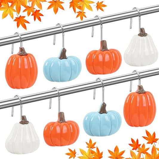 Fall Shower Curtain Hooks 12 Pcs Decorative Autumn Rings | Premium Metal Universal Size, Smooth Gliding Rust Proof, Decorative 12 Pack, Bathroom Thanksgiving Home Decor
