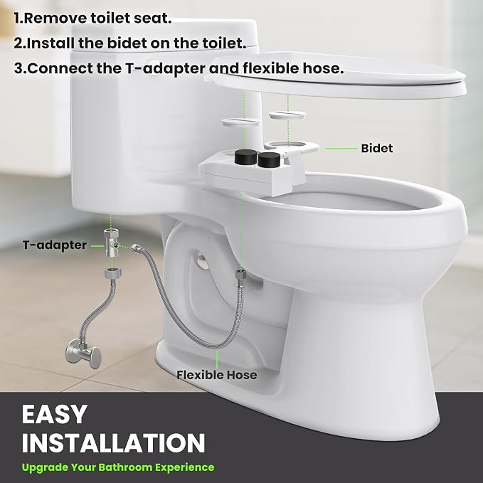 Toilet Bidet With Left/Right Side Reversible Design, Fresh Water, Non-Electric, Toilet Bidet Attachment, Right/Left Hand Side with Dual Nozzle, Self-Clean, Easy to Install (Black Knob)