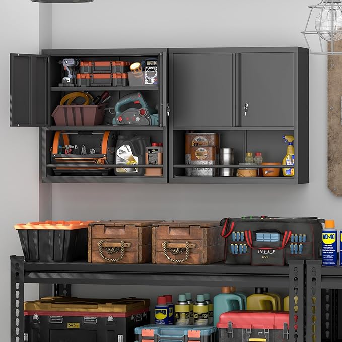 Garage Storage Cabinets,Metal Wall Cabinet with Doors and Shelves,Locking Storage Cabinet for Workshop,Warehouse,Home Office,Black