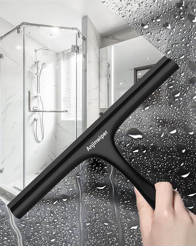 Shower Squeegee for Glass Doors 10 Inch, Black Bathroom Squeegee with Hook | Rust-Proof, Streak Free, All-Purpose Window Squeegee for Shower Glass, Tile Walls, Car, Ergonomic Grip, Silicone Squeegees