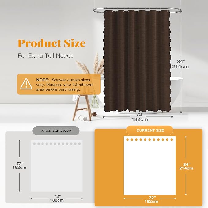 Boho Scalloped Linen Textured Cloth Shower Curtain Set, 72x84, Brown | Tall Size, 230GSM Waterproof Polyester, Heavy Duty Fabric, 12 Plastic Hooks, Elegant Modern Farmhouse Style, Machine Washable