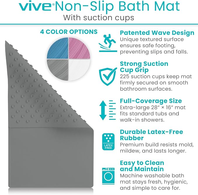 Vive Non-Slip Bath Mat with Suction Cups - 28" x 16" Extra Large Rubber Mat | For Safety & Comfort - Patented Grip Prevents Slips and Falls for Kids, Elderly, Men, Women - XL Non Skid Shower & Tub Cover
