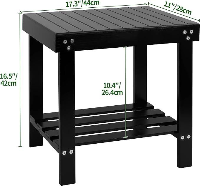 VaeFae Bamboo Spa Bench Seat Stool Foot Rest Shaving Stool with Non-Slip Feets Storage Shelf for Shampoo Towel,Works in Bathroom/Living Room/Bedroom/Garden Leisure (Black)
