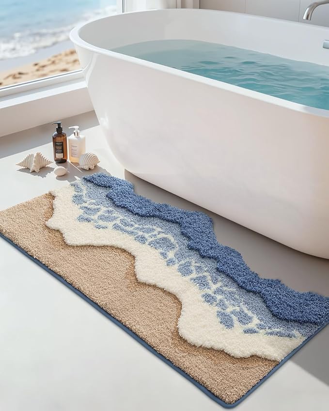 DEXI Cute Bath Mat, Sea Ocean Wave Bathroom Rugs, 43x26 Blue | Soft and Absorbent Microfiber, Non Slip, Machine Washable Bathmat for Shower Floor, Bedroom, Kids Room, Home Decor
