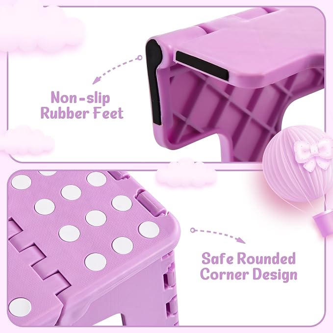 9 Inch Foldable Step Stool for Kids, 300 lb, Light Purple | Lightweight Plastic Small Foldable Step Stool with Handle, Non-Slip, for Kitchen, Bathroom, Bedroom and Closet