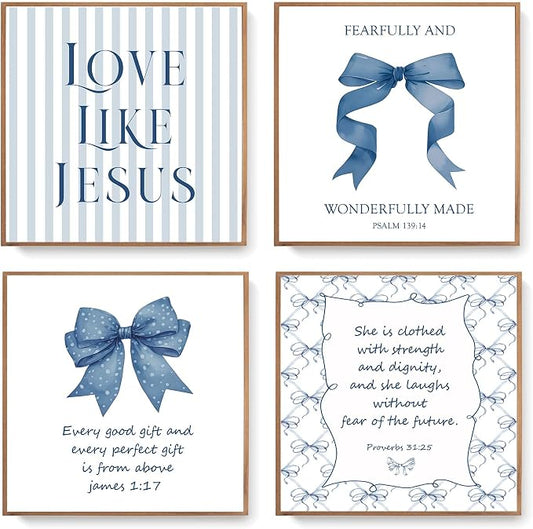 LARTSFRO Coquette Navy Blue Bow Jesus Wall Art Decor Posters, Blue Bow Christian Room Bedroom Bathroom Wall Art Decor Aesthetic for Teen Girls College Gifts, Inspirational Bible Verses Bow Wall Decor, 10x10 Inch Set of 4 Bow Pictures(UNFRAMED)