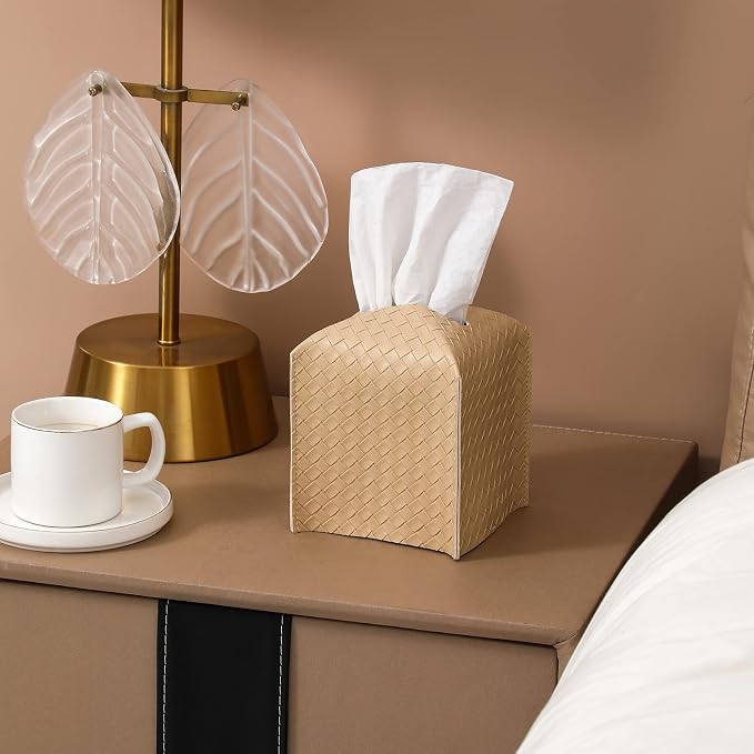Tissue Box Cover PU Leather Tissue Holder Square Facial Tissue Case Facial Paper Organizer Dispenser for Bathroom, Vanity Countertop, Tabletop, Car, Rice Apricot | PU Leather，Easy to Fill, Easy Clean, Decorative Cube Tissue Box Holder for Office, Bathr...