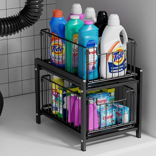 2-Tier Pull Out Cabinet Organizer, Slide Out Under Sink Organizer | Metal Cabinet Baskets with Mesh Sliding Drawer for Home, Office, Bathroom, Kitchen, Pantry Storage Shelf, Large Black