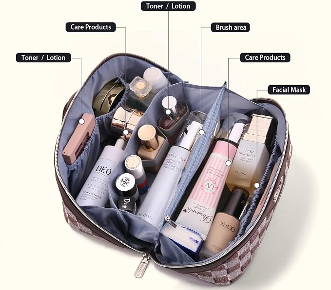 BOYATU Travel Makeup Bag Cosmetic Bags for Women: 3-Piece Makeup Bag Set | | Up to 20 3.4-oz Bottles | 180° Open-Flat Toiletry Organizer for Travel Essentials | Gift-Ready | (D-3-Brown)