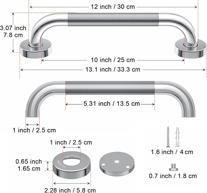 12 Inch Chrome Grab Bar, Grab Bar for Bathtubs and Showers | Anti-Slip Knurled Grip, Stainless Steel, Bathroom Handle for Senior Elderly, Balanced Assist Bar, Wall Mounted Handicap Bars