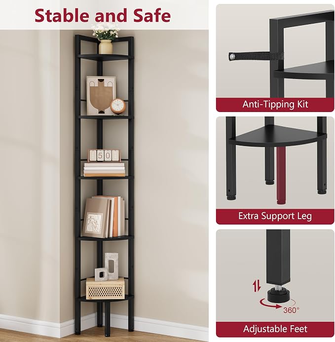 Small Corner Shelf Stand 5 Tier 60.5" with Metal Frame, Black | Industrial Narrow Corner Shelf, Multipurpose Tall Corner Bookshelf, Small Corner Table Bedroom, Living Room, Office, Kitchen