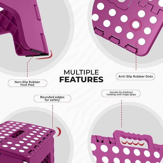 Utopia Home Folding Step Stool 9 Inch, Anti-Slip, Purple, 1-Pack | 9-inch foldable step stool with anti-slip surface, built-in handle, and 300 lbs support for safe home use.