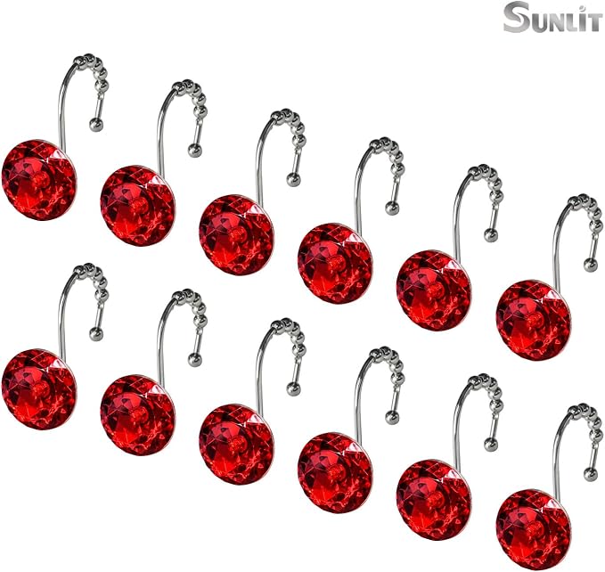 Sunlit Luxury Design Round Red Diamond Crystal Gem Bling with Glide Balls Shower Curtain Hooks, Rust Proof Metal Rhinestones Glam Shower Curtain Rings-12 Pack
