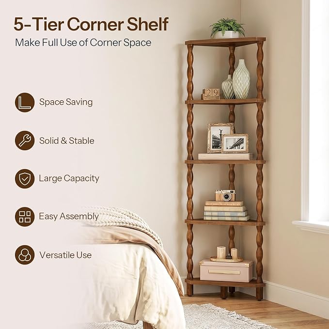 HOOBRO Corner Shelf, 5-Tier Wooden Corner Bookshelf for Small Space, Stylish Corner Storage Display Shelves for Living Room, Kitchen, Office Rustic Brown FG195CJ01