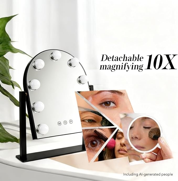 Arched Makeup Vanity Mirror with Lights,10X,Gold,14.17"x11.81" | Vanity Mirror with Detachable 10X Magnification Mirror, Rechargeable, 3 Color Lights,Smart Touch, 360‑Degree Swivel