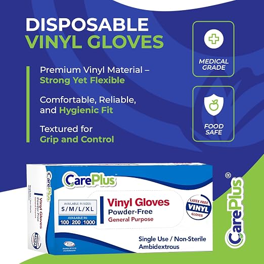 CARE PLUS Vinyl Gloves Clear X-Large, Disposable Latex Free, 200 Count | Powder free exam grade protection for food service, salons & housekeeping; ambidextrous, tear resistant, comfortable fit