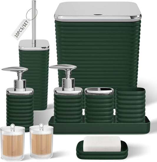 Bathroom Set - 10PC Bathroom Accessory Set, Green Bathroom Set, Luxury Bathroom Accessories Set, Trash Can, Toilet Brush, Soap Dish, Qtip Holder & Soap Dispenser