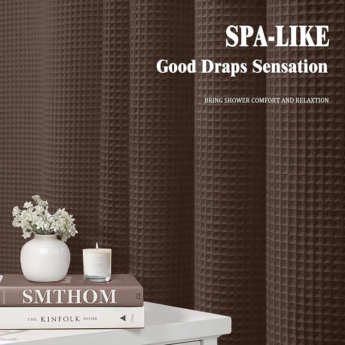 Extra Long Waffle Shower Curtain Heavyweight Cotton Fabric Brown 72Wx90L | Soft Cotton Cloth,3D Square Truely Waffle,Washable, Hotel Luxury Spa, Shower Curtains for Narrow Bathroom 12 Plastic Hooks