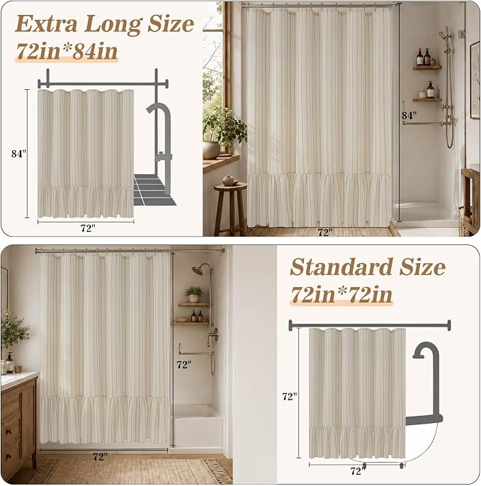 Yinhua Farmhouse Linen Shower Curtain with Ruffle, Vintage Striped Long Shower Curtains Set for Bathroom, Tan Waterproof Bath Curtain with 12 Metal Hooks, Heavy Duty Washable Cloth, 72" W x 84" L