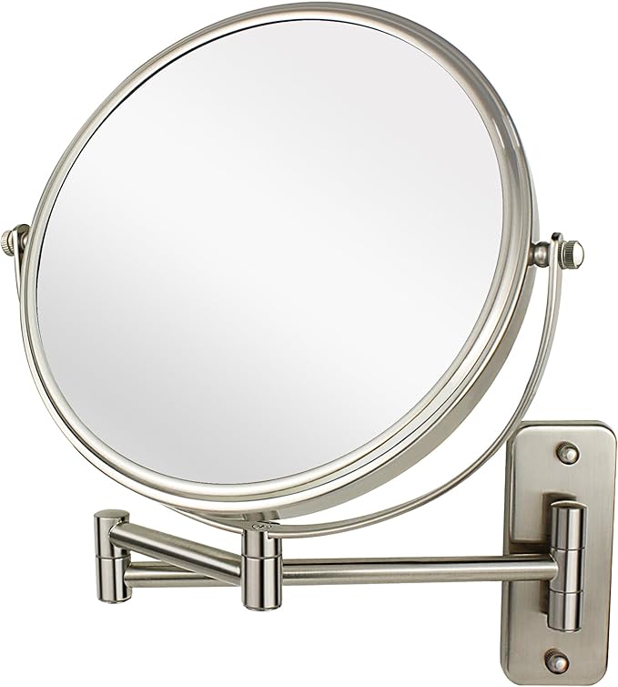 JANEEVA 8" Wall Mounted Makeup Mirror, 1X/10X Magnifying Mirror with 360° Extendable Arm, Double Sided Bathroom Vanity Mirror for Man & Woman (Brushed Nickel)