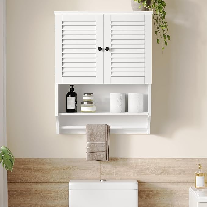 ChooChoo Bathroom Wall Cabinet with Towel Bar and Ample Storage | 23.6"L x 7.9"W x 27.5"H MDF Medicine Cabinet, Over The Toilet Space Saver Storage Cabinet with Adjustable Shelf, White