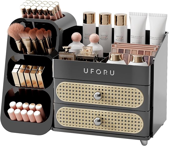UFORU Makeup Organizer Countertop with Brush Holder for Vanity Bathroom | Large Capacity, Thickened Plastic, 2 Rattan Drawers, Compact Size, Detachable Brush Holder, Divided Compartments, Easy Access