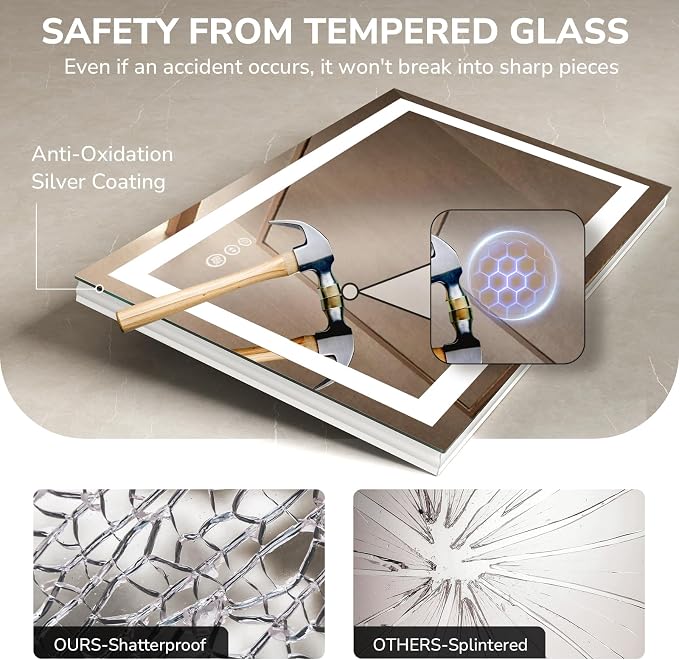 40x32 Inch LED Bathroom Mirror for Over Sink | Tempered Glass - Frameless Backlit Lighted Mirror for Bathroom Vanity with Anti-Fog, 3 Colors Dimmable, Memory Function
