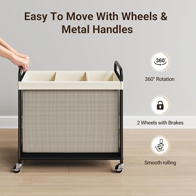ELYKEN Laundry Hamper 3 Section, 120L Rolling Laundry Sorter with Wheels | Removable Washable Liner Bags, Sturdy Steel Frame and Metal Handle, 3 Compartment Clothes Organizer for Laundry Sorting