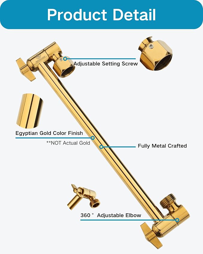 11 Inch Adjustable Shower Head Extension Arm With Locking Set Screw, Singing Rain 304 Stainless Steel Egyptian Gold Angle Height Adjustable, G1/2 Universal Connector Compatible (Egyptian Gold)