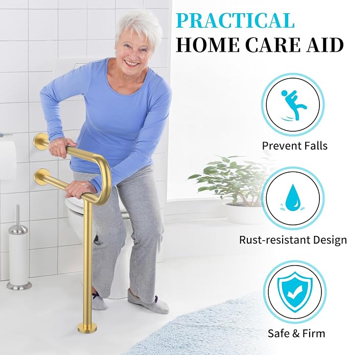 Toilet Support Rail 32 Inch, Munzong Anti-Slip Gold Handicap Grab Handrail | Bathroom Stainless Steel Floor Rails Knurled Safety Handrails with Leg for Elderly Disabled Pregnant-1.25’Tube