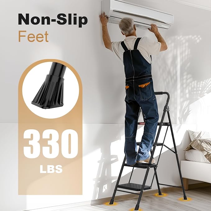 HBTower 4 Step Ladder with Wide Anti-Slip Pedal and Cushioned Handle | Step Stool Foldable with 330 lbs Capacity for Home and Kitchen, Black