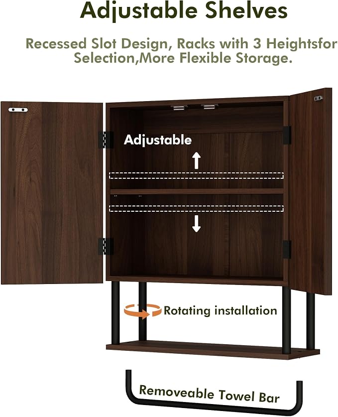 RUSTOWN Fluted Bathroom Wall Cabinet with 2 Doors, 3-Tier Medicine Cabinet | Modern Farmhouse Wall Mounted Cabinets, Over The Toilet Storage Cabinet, Adjustable Shelf and Towel Bar, Medium