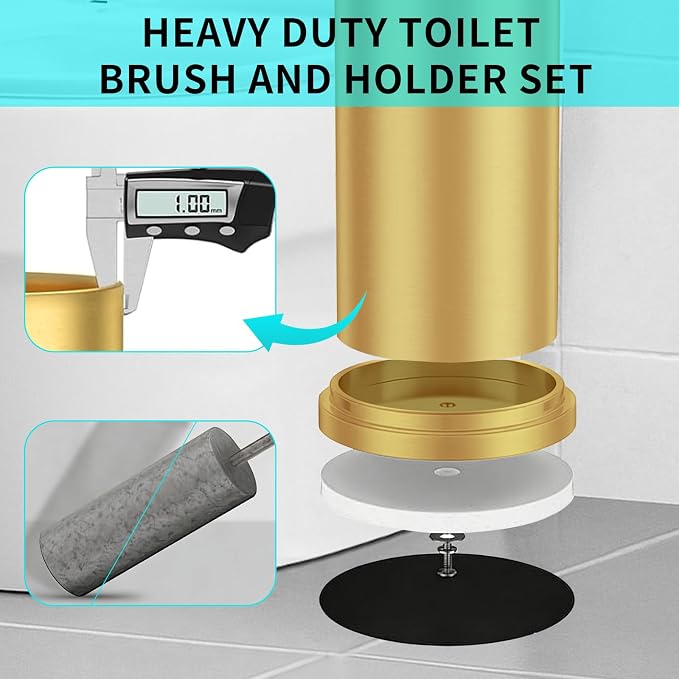 Stainless Steel Toilet Brush and Holder Set,Toilet Bowl Brush and Holder | Gold Heavy Duty Toilet Brush for Bathroom with Long Handle,Removable Inner Bowl and Splash Protection,Deep Cleaning