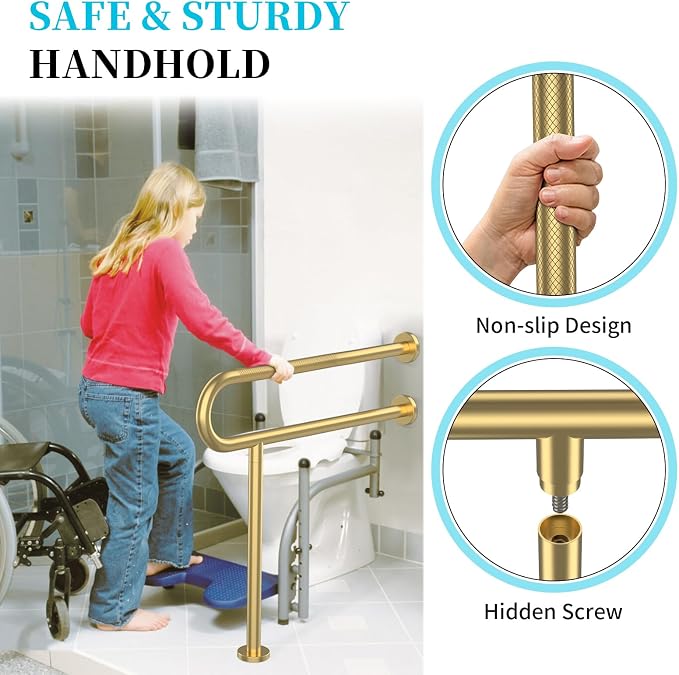 Toilet Support Rail 32 Inch, Munzong Anti-Slip Gold Handicap Grab Handrail | Bathroom Stainless Steel Floor Rails Knurled Safety Handrails with Leg for Elderly Disabled Pregnant-1.25’Tube