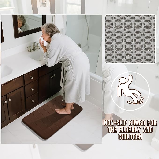 Yimobra 3 Pieces Memory Foam Bath Mat Set with U-Shaped Toilet Rug - Non Slip Super Soft Absorbent Quick Dry Bathroom Rugs for Bathtub, Vanity & Toilet Base, Brown
