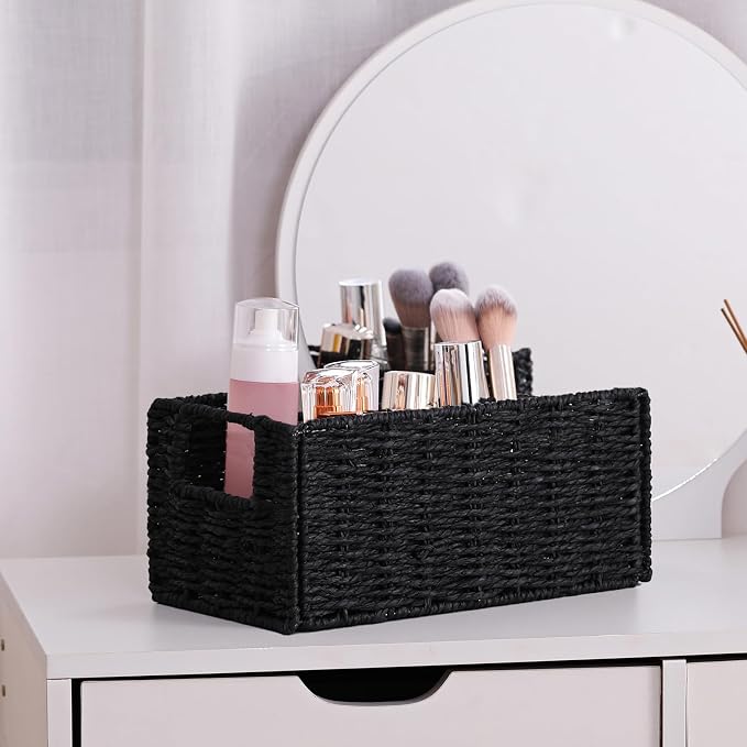 Wicker Storage Basket, Set of 2 Black Wicker Baskets for Bathroom | Hand-Woven Wicker Small Storage Baskets for Organizing Toilet Paper, Foldable Large Cube Storage Organizer Bin for Shelves