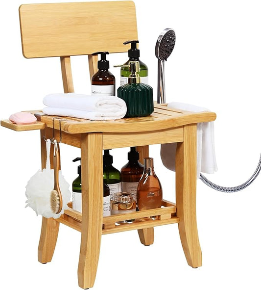 Bamboo Shower Chair for Inside Shower Adults Elderly Disabled | Two-Tier Shower Bench with Storage Shelf, Soap Dish, Shower Head Holder, Watrerproof Shower Seat for Pregnant