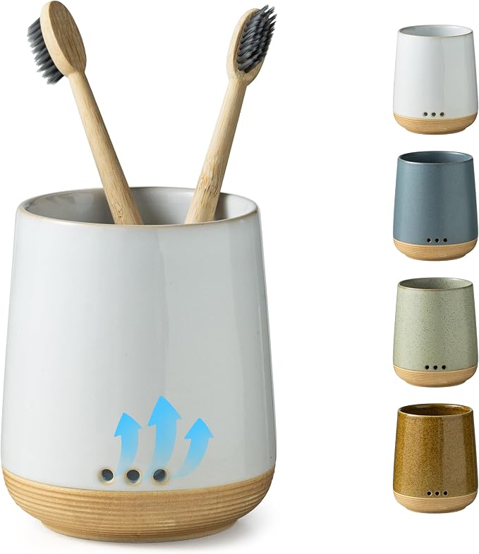 LYEOBOH Ceramic Toothbrush Cup, Cute Toothbrush Holder with Drainage,White | Farmhouse Tooth Brush Holder for Bathroom, Countertop Toothbrush Organizer, Electric Toothbrush Storage for Kids & Family