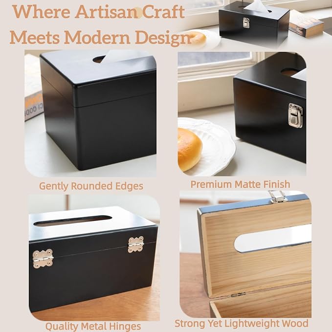 Black Rectangle Tissue Box Cover with Metal Switch, Rectangular Tissue Box Holder with Lid, Solid Wood Countertop Bathroom Accessories, Office Decor, Home Decor for Bathroom Room